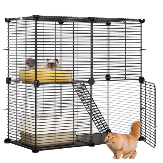 2-Tier Indoor Cat Cage,Versatile Pet Playpen for Ferrets, Kittens, Bunnies, Chinchillas, Squirrels. Detachable Metal Kennel Ideal for House Cats, RV Travel, Camping